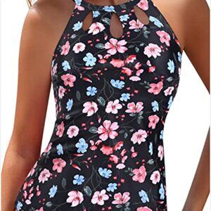 Black & Pink Floral Swimsuit/Tank TOP ONLY - Lg